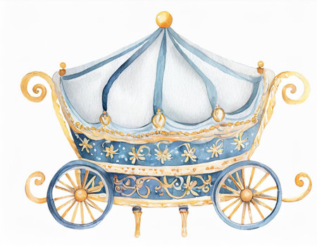 Watercolor hand drawn illustration of a blue carriage isolated on white backgroundの素材