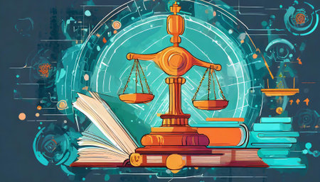 Digital illustration of scales of justice in futuristic background. Law and justice conceptの素材