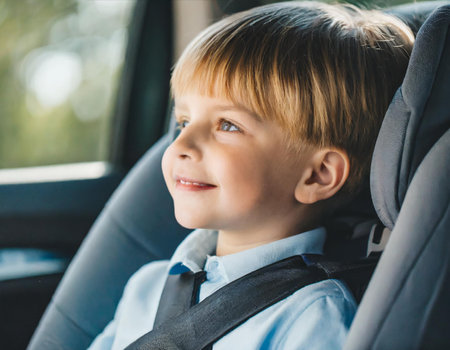 Cute little boy sitting in car seat and smiling. Child safety conceptの素材