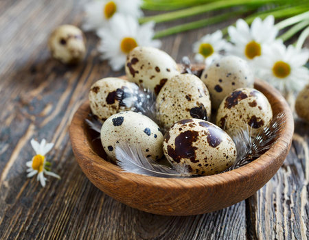 Quail eggs in a bowl with chamomile flowers on a wooden backgroundの素材