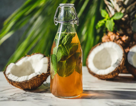 Pina colada drink in bottle with fresh coconut and mint leaves on white marble tableの素材