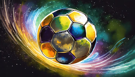 Colorful soccer ball on the background of the starry sky.の素材