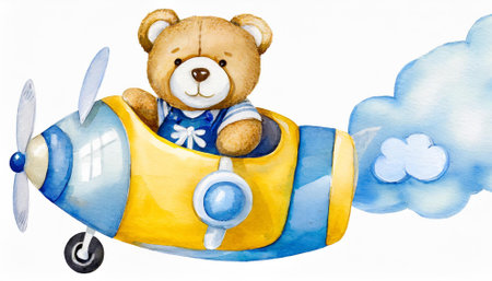 cartoon scene with airplane and teddy bear - illustration for childrenの素材