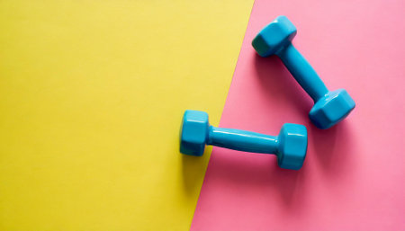 Two blue dumbbells on yellow and pink background. Top view.の素材