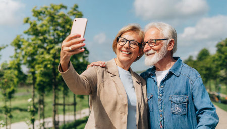 cheerful senior couple taking selfie with smartphone while walking in parkの素材