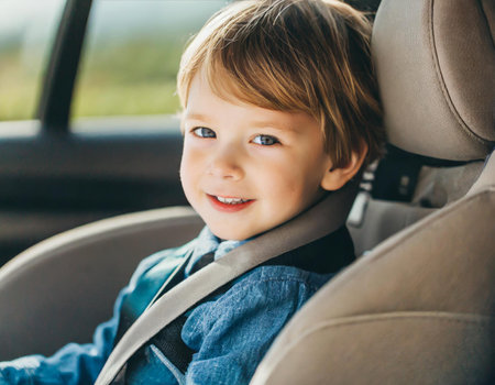 Little boy sitting in the back seat of a car, safety conceptの素材