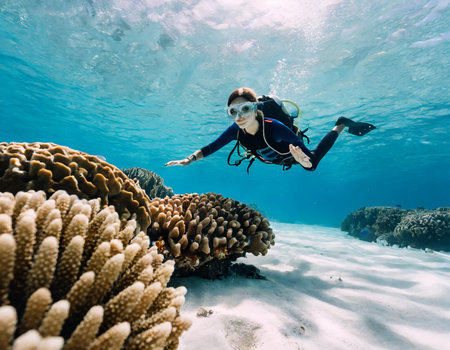 Young woman scuba diver swimming underwater on coral reef with copy spaceの素材