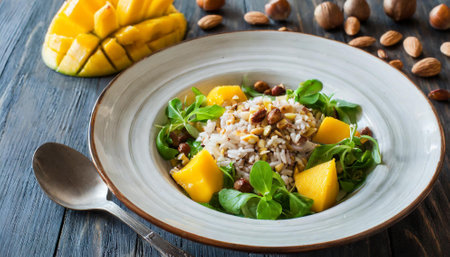 Rice salad with mango, spinach and nuts on rustic wooden backgroundの素材