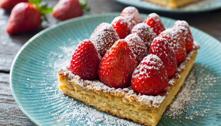 Strawberry tart with powdered sugar on a plate, selective focusの素材
