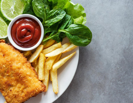 Fish and chips with ketchup and salad on stone background. Top viewの素材