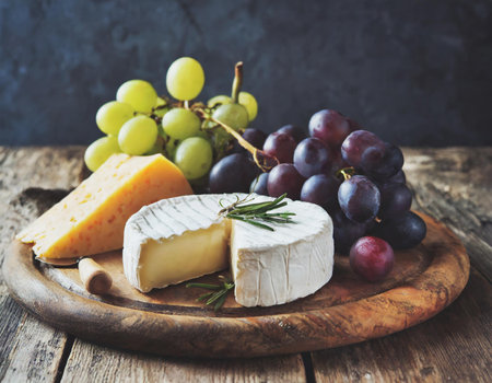 Camembert cheese with grapes and rosemary on a wooden board, selective focusの素材