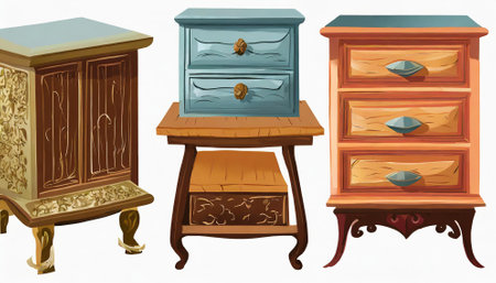 Illustration of a set of different vintage furniture on a white backgroundの素材