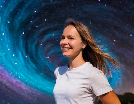 Young woman in front of a milky way with stars in the backgroundの素材