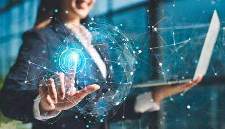 Businesswoman on blurred background using digital fingerprint hologram 3D renderingの素材