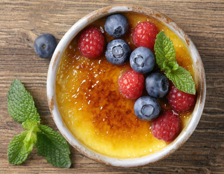 Creme brulee with fresh berries on wooden background, top viewの素材