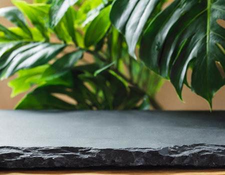 Black stone countertop on wooden table in front of green plant.の素材