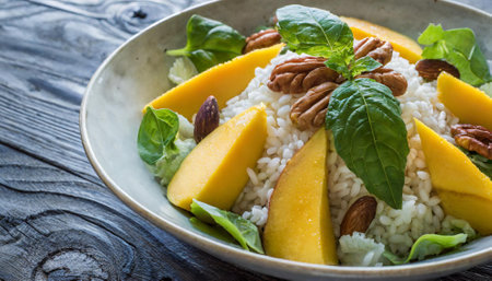 Rice salad with mango and nuts in a bowl on wooden backgroundの素材