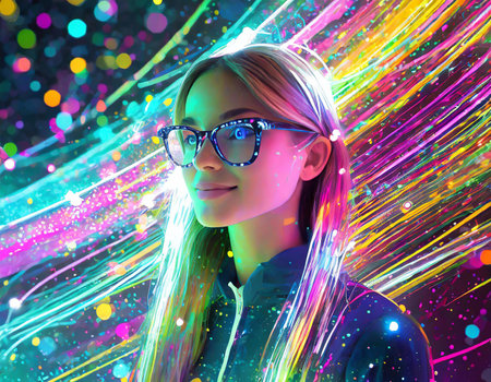 Portrait of a beautiful girl in glasses on a multicolored background.の素材