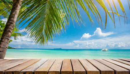 Wood table top on blur tropical beach background - can use for display or montage your productsの素材