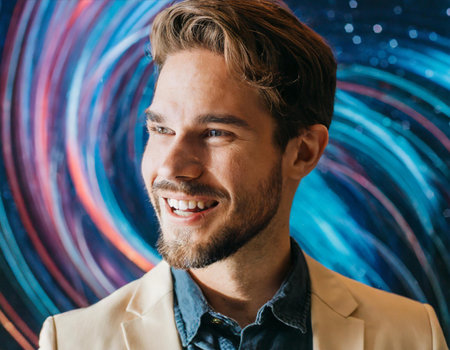 Portrait of a smiling young man in suit looking at camera on abstract backgroundの素材