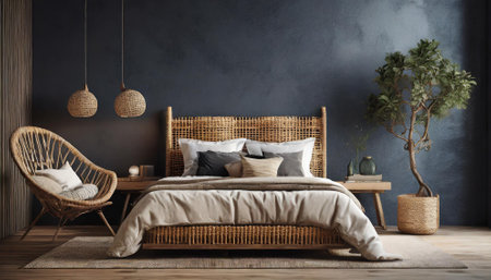 Interior of modern bedroom with wicker bed and rattan armchairの素材