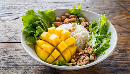 Healthy mango salad with rice and nuts in bowl on wooden tableの素材