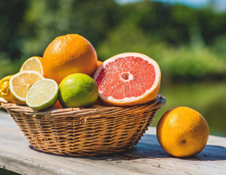 Variety of citrus fruit including lemons, lines, grapefruits and oranges.の素材