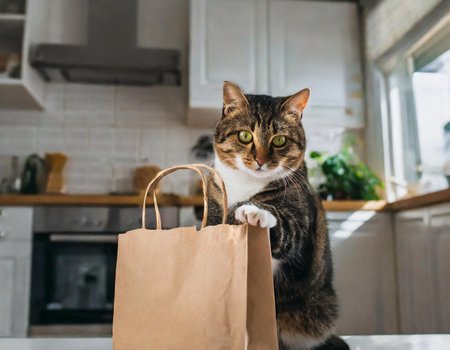 cute cat with paper bag in kitchen at home, copy spaceの素材