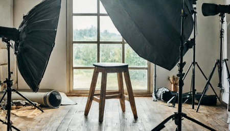 Interior of a studio with a chair and a professional lighting equipmentの素材