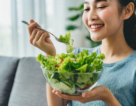 Young asian woman eating salad at home. Healthy lifestyle concept.の素材