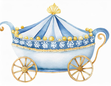 Watercolor illustration of a blue baby carriage isolated on white background.の素材