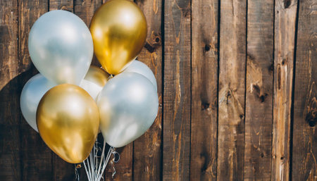 Bunch of white and gold balloons on wooden background, copy spaceの素材