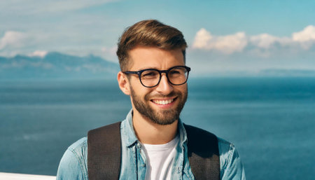 travel, vacation and people concept - smiling young man in eyeglasses over sea backgroundの素材