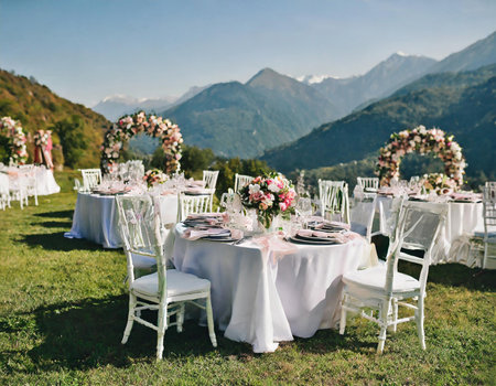 Wedding table setting in the mountains. Wedding arch decorated with flowersの素材
