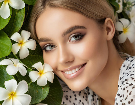 Portrait of beautiful young woman with plumeria flowers in her hairの素材