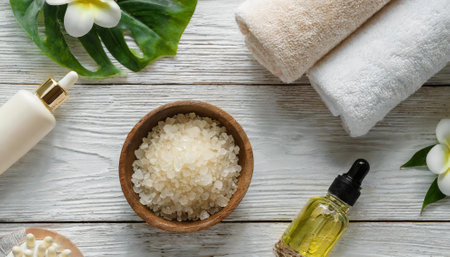 Spa and wellness setting with salt, oil, towel and flowersの素材