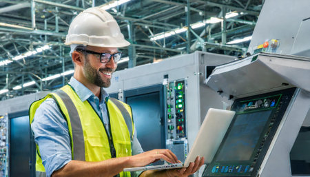 Portrait of confident factory worker using laptop in production plant. This is a freight transportation and distribution warehouse. Industrial and industrial workers conceptの素材