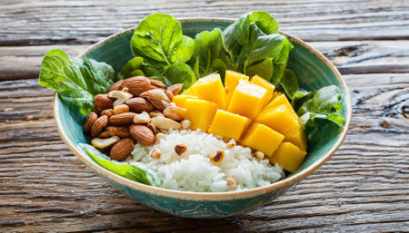 Mango salad with rice and nuts in a bowl on wooden tableの素材