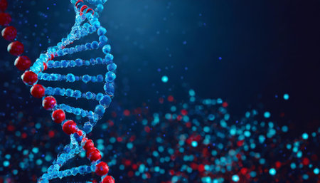 DNA molecule model on dark blue background. 3d render illustration.の素材