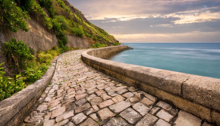 Stone walkway on the sea coast at sunset. Tuscany, Italyの素材