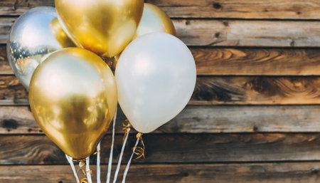 Close up of golden and silver balloons on wooden background with copy spaceの素材