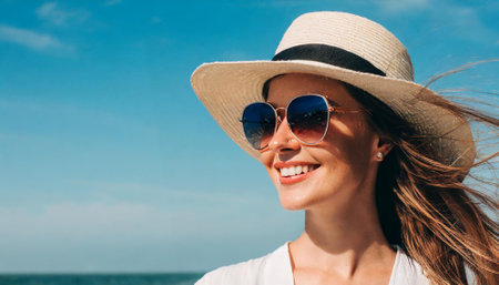 Portrait of a happy young woman in hat and sunglasses on the beachの素材