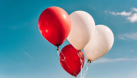 Red and white balloons on blue sky background with copy space for textの素材