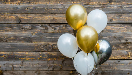 Bunch of white and gold balloons on rustic wooden background.の素材
