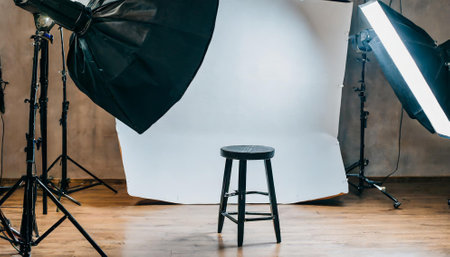 Empty photo studio with lighting equipment and lighting equipment - soft focus effectの素材