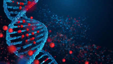 3D render of a DNA molecule with red and blue particles.の素材