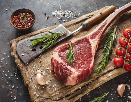 Raw ribeye steak with rosemary and spices on wooden cutting boardの素材
