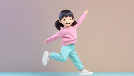 3d rendering of a cute asian girl running and jumping.の素材