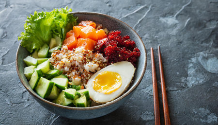 Hawaiian poke bowl with salmon, avocado, cucumber and quinoaの素材