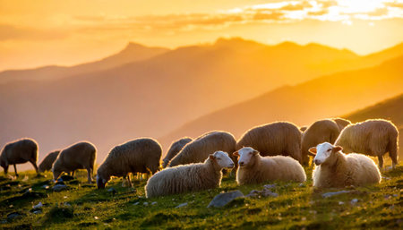 Sheep on the alpine meadow at sunset, Switzerland.の素材
